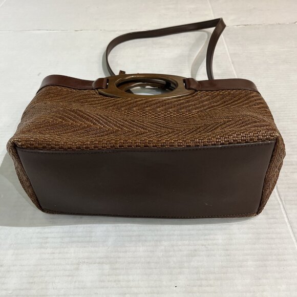 Vintage Fossil Shoulder Bag Wood Handle Rattan Brown Woven Wicker Dbl Handle - Picture 12 of 13